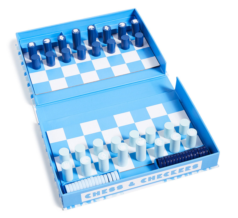 Light blue and white travel chess and checkers set