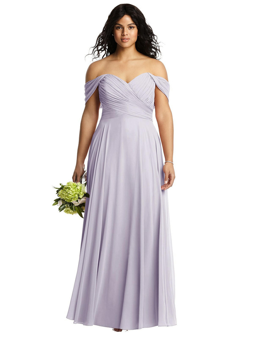 Model wearing off-the-shoulder lavender bridesmaid dress with chiffon skirt
