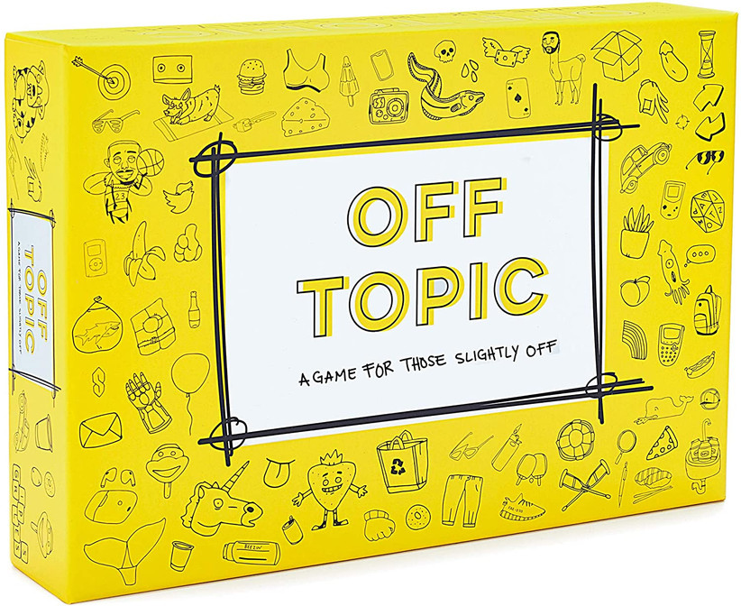 Yellow Off Topic board game box with lots of small illustrations