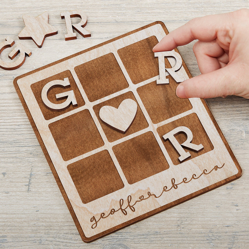Small wooden tic-tac-toe game personalized with names and initials Valentine's gift idea