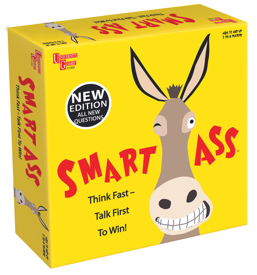 Yellow Smart Ass board game box with illustration of a donkey
