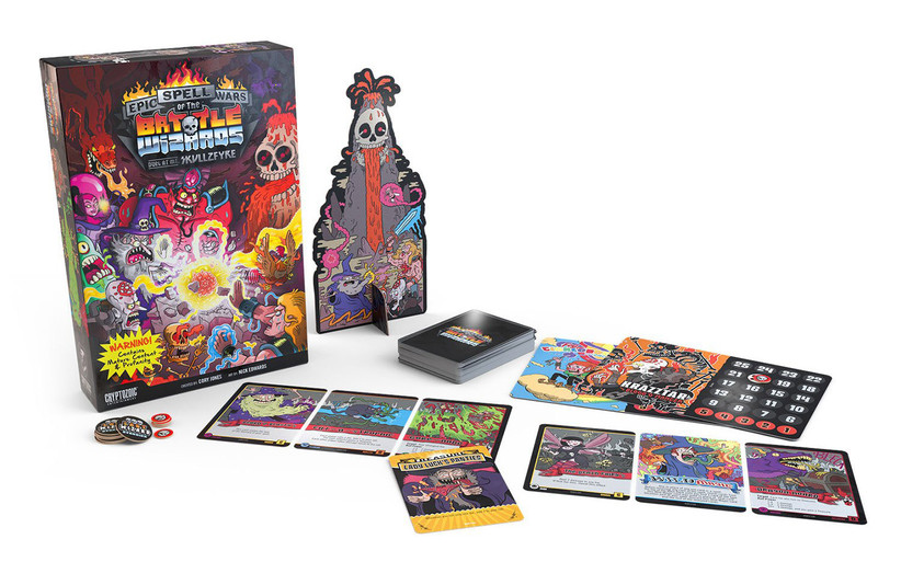 Colorfully illustrated Epic Spell Wars game board box, spell cards, and other pieces of the game
