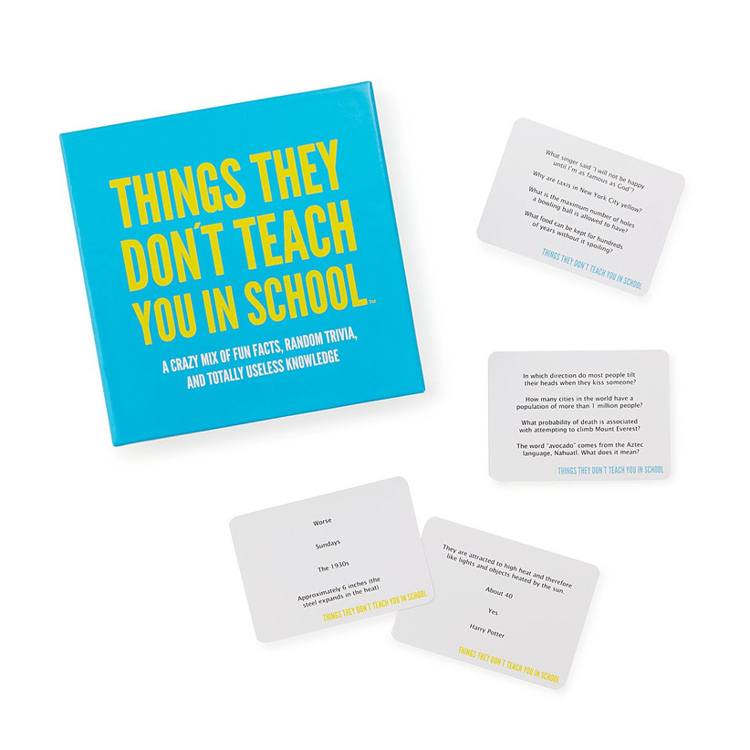 Blue and yellow Things They Don't Teach You in School game box with some example cards