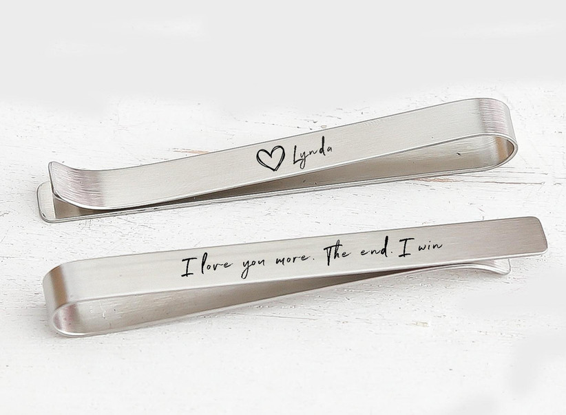 Silver tie clips engraved with name and I Love You More, The End, I Win