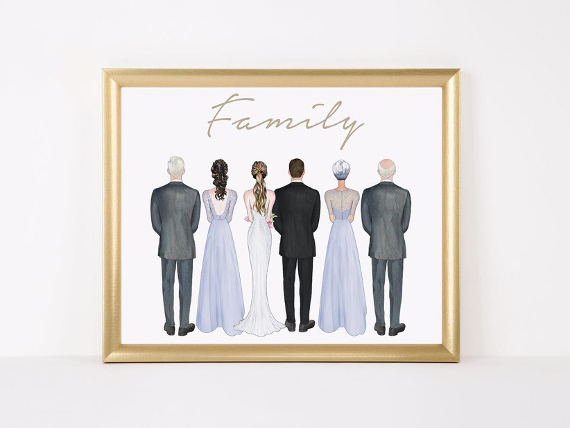Семейная свадебная иллюстрация с невестой, женихом и их родителями свадебный подарок