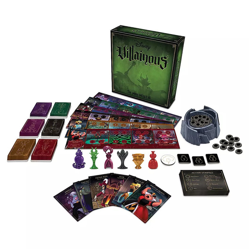 Disney Villainous board game showing character cards, different decks, playing pieces, and realm boards