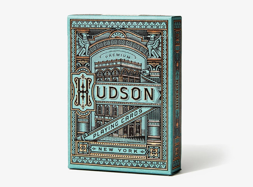 Box of premium playing cards inspired by 19th century factory on the Hudson