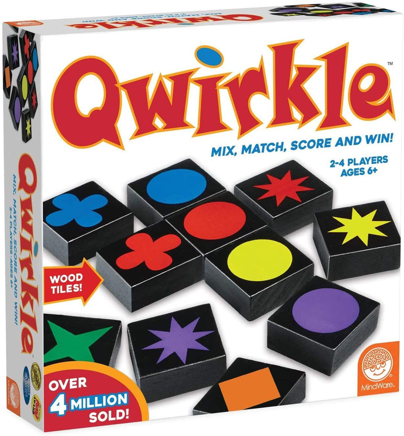 Qwirkle board game box showing picture of black tiles with colorful shapes on them