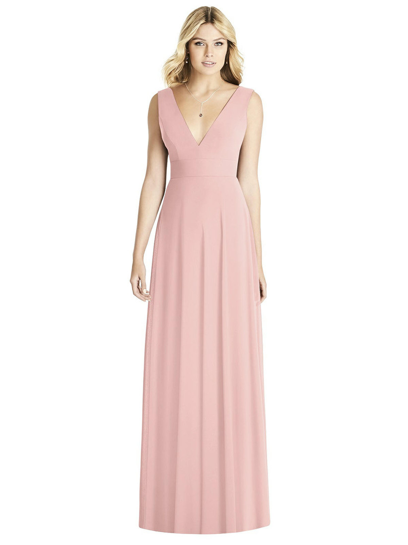 Model wearing V-neck pastel pink bridesmaid gown