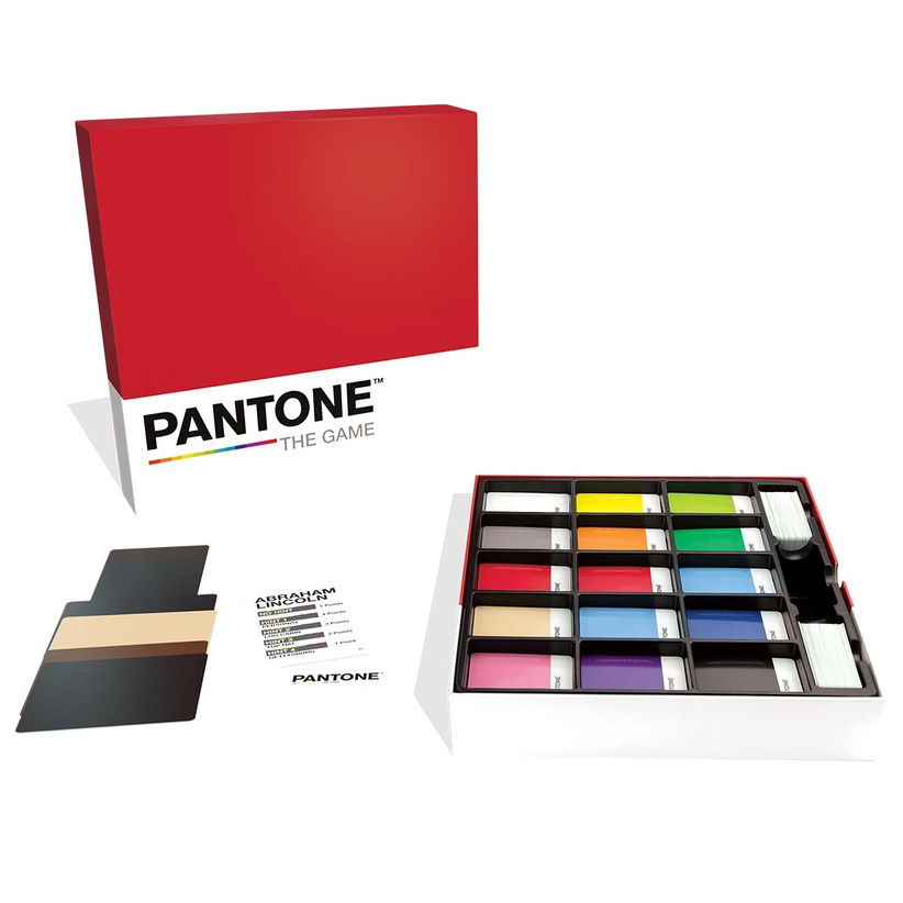 Pantone: The Game showing color swatches inside the box and Abraham Lincoln character card