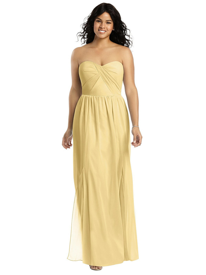 Model wearing strapless pastel yellow bridesmaid dress with sweetheart neckline