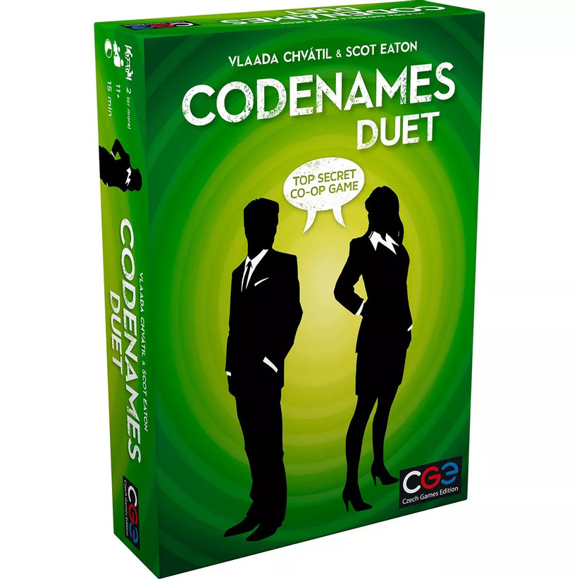 Green Codenames Duet game box with silhouette of male and female secret agents