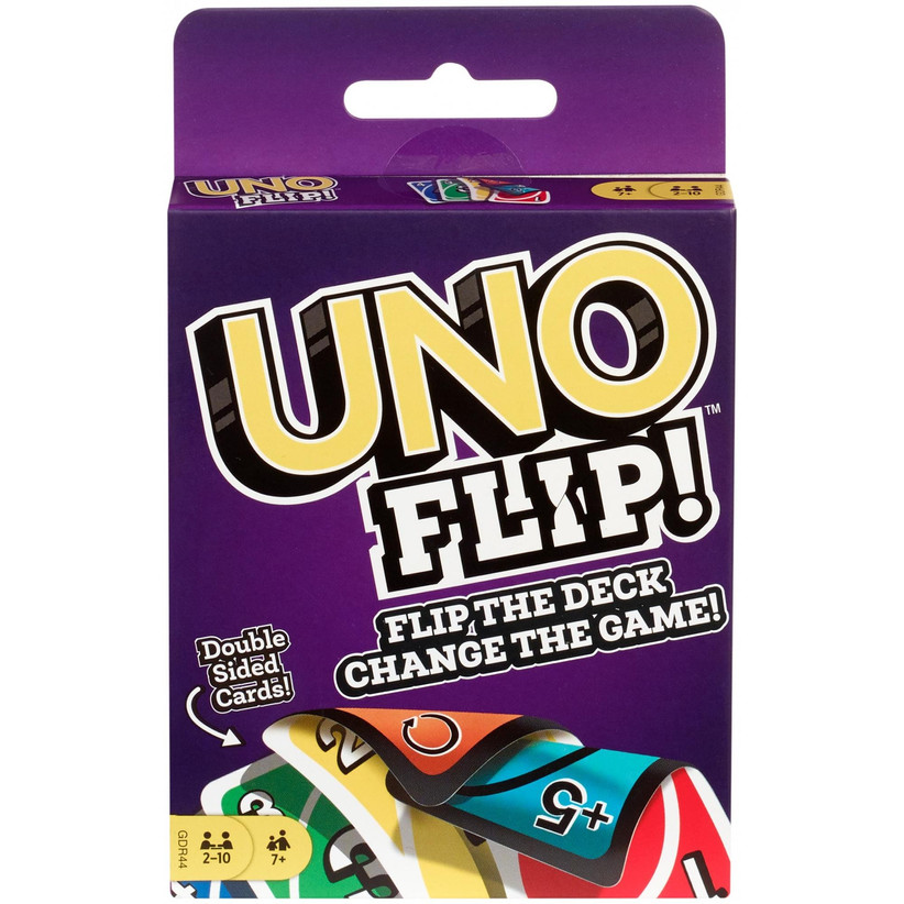 Purple UNO FLIP! card pack showing picture of the double-sided cards