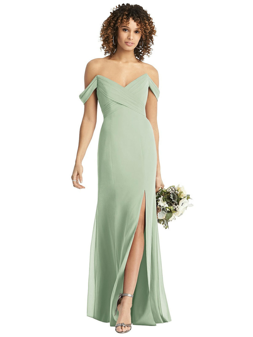 Model wearing pastel green off-the-shoulder bridesmaid dress with leg slit
