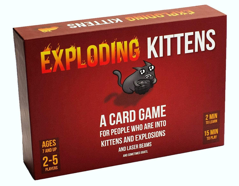 Red Exploding Kitten card game box with illustration of cute kitten holding a grenade