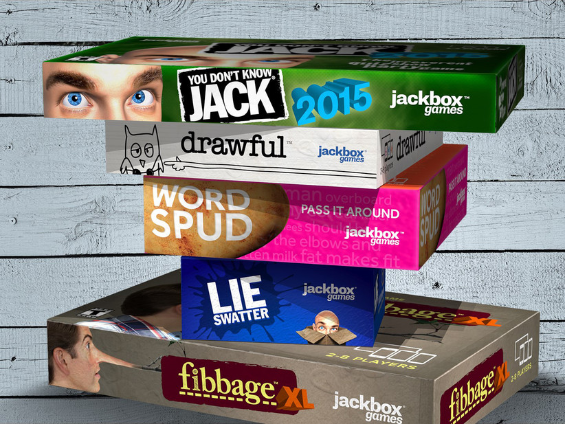 Stack of five virtual board games top to bottom: You Don't Know Jack; drawful; Word Spud; Lie Swatter; fibbage