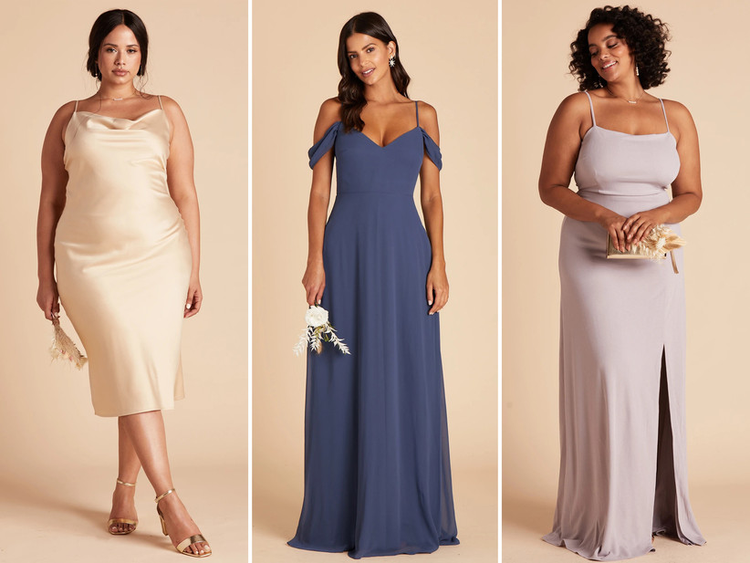 Коллаж из платьев подружек невесты слева направо: золотое атласное платье миди, шифоновое платье с открытыми плечами, платье из лилового крепа на тонких бретелях.