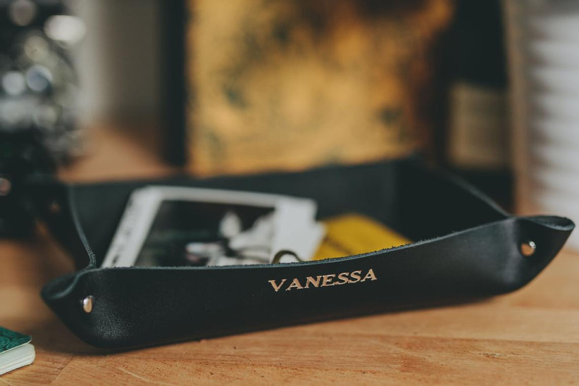 Black leather catchall personalized with the name Vanessa