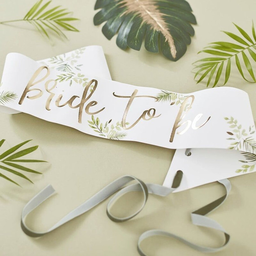 Tropical motif Bride to Be bridal shower banner white and gold