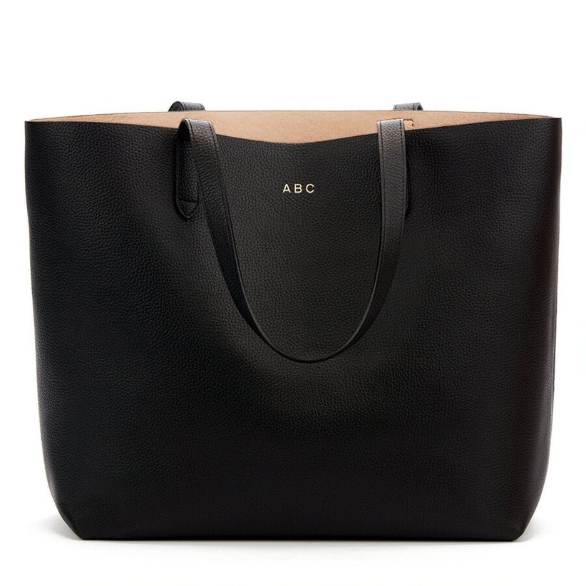 Black leather tote monogrammed with initials ABC