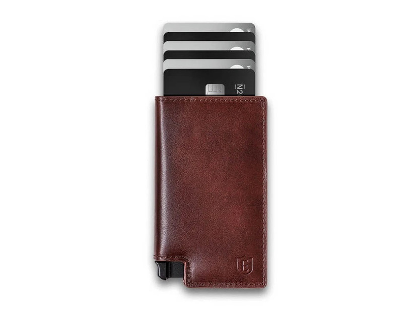 Sleek leather wallet with cardholder tray ejected