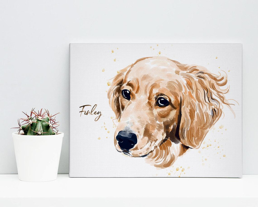 Canvas watercolor portrait of dog with name Finley