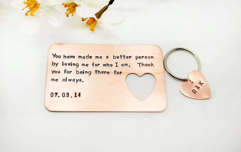 Romantic metal wallet insert and keychain personalized with initials and a romantic message