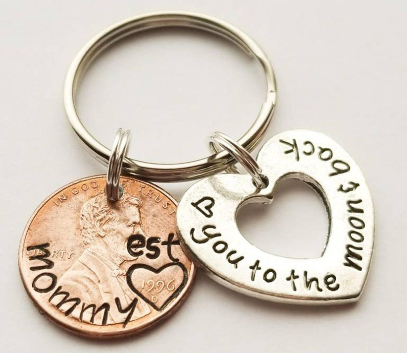 Penny and heart keychain that reads Mommy Est and Love You to the Moon and Back
