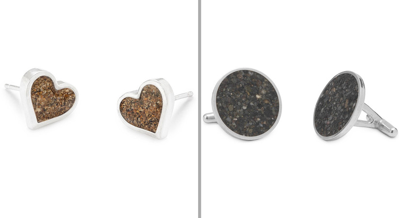 Collage of sand-filled heart stud earrings and round sand-filled cuff links