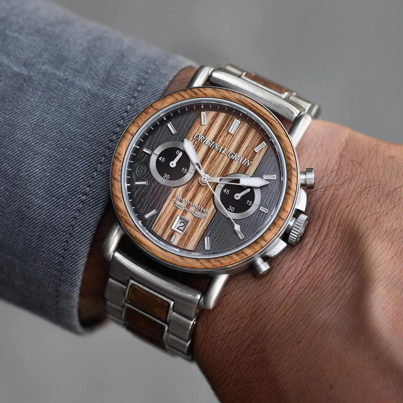 Close up of Original Grain wood and steel watch on man's wrist