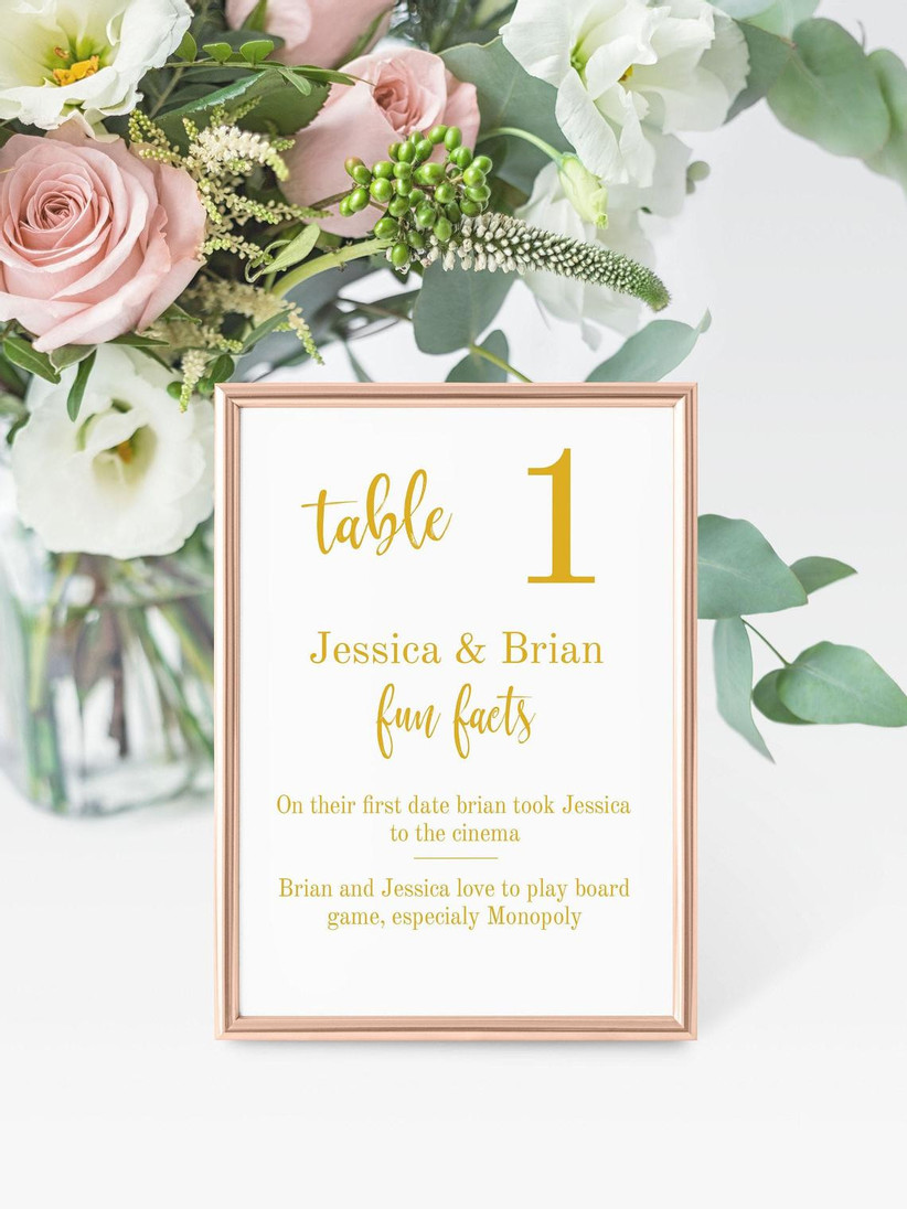 «истинная» или «ложная» игровая карта свадебного приема и номер стола в рамке из розового золота
