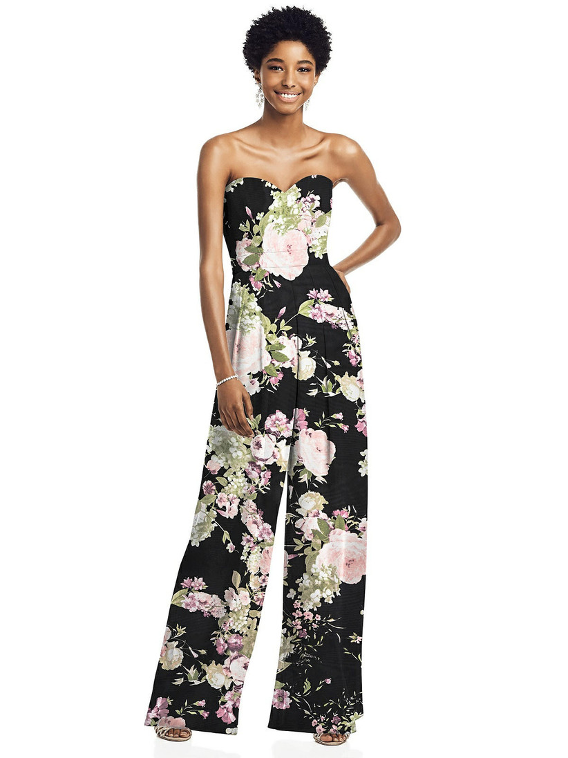 Model wearing strapless sweetheart neckline wide-leg jumpsuit in black floral print