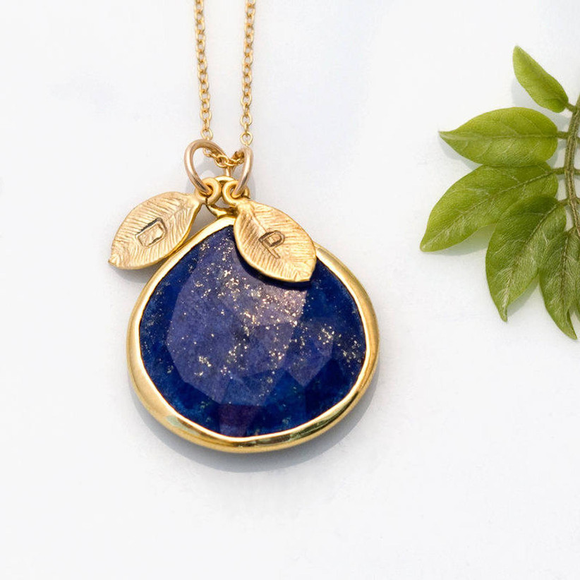 Lapis lazuli blue stone gemstone necklace with gold leaves stamped with initial