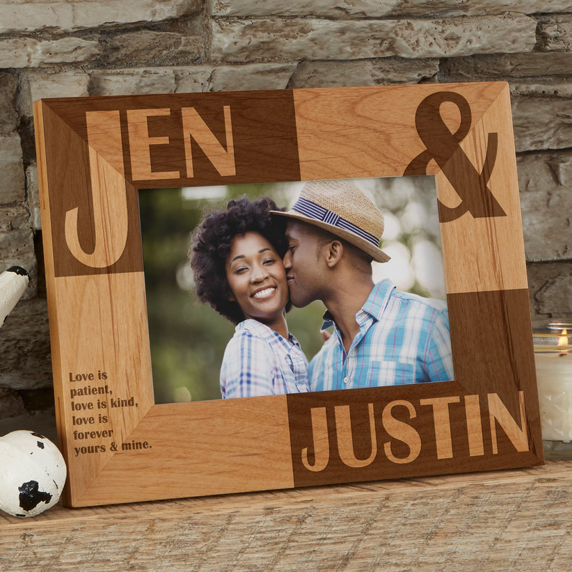 Personalized wooden photo frame with couple's name, a sweet photos, and a romantic quote