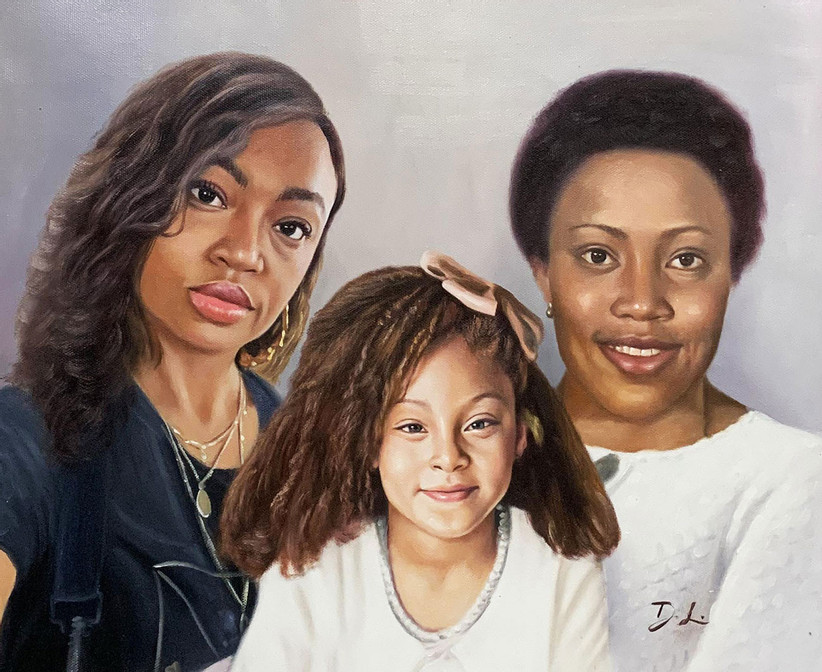 Painted family portrait of two women and their young daughter