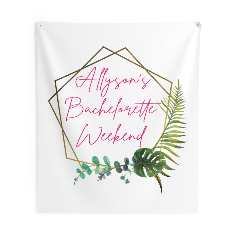 White tapestry bachelorette party backdrop personalized with bride-to-be's name with modern geometric design