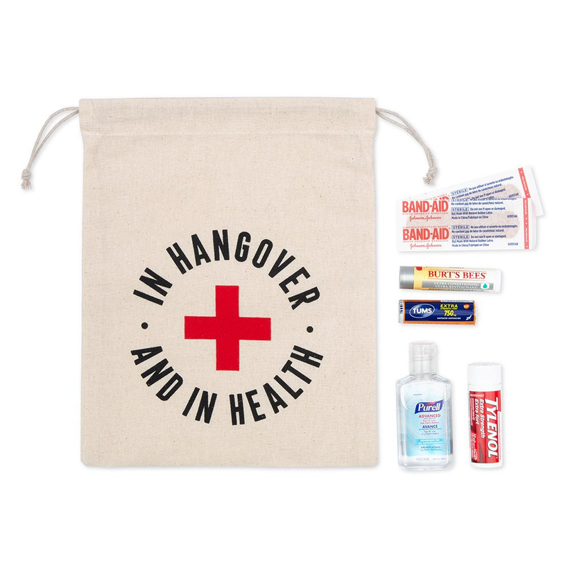 Small tote that reads In Hangover and In Health with some examples of what to put inside including Tums and band aids