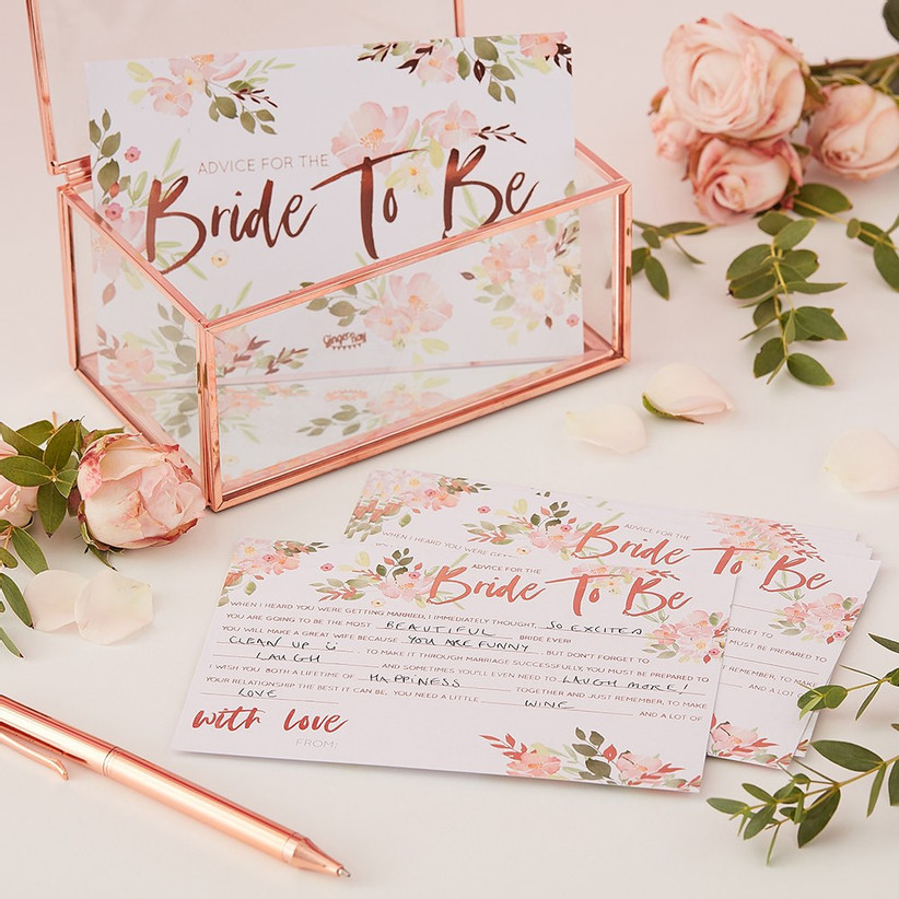 Rose gold Bride to Be advice cards and box 