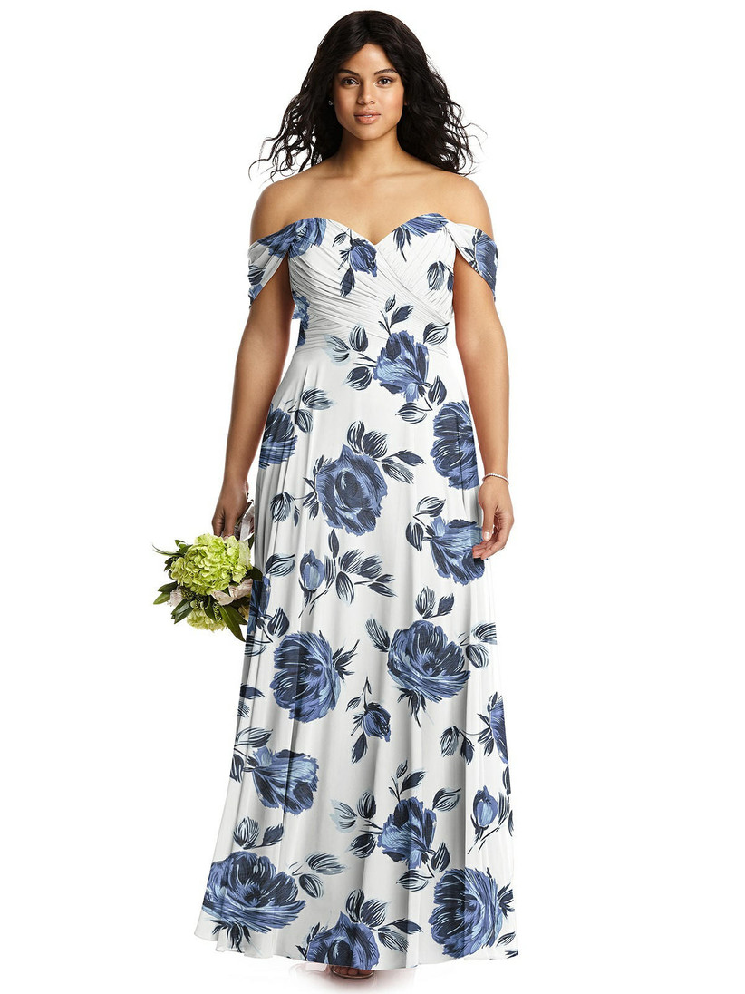 Model wearing off-the-shoulder bridesmaid dress with large blue floral pattern