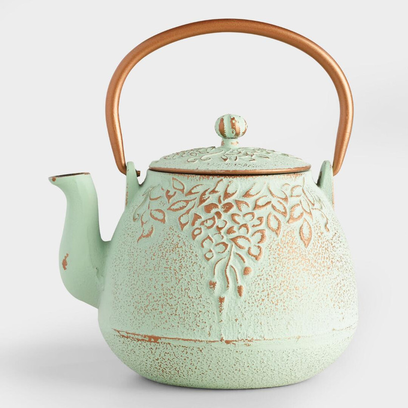 Vintage grapevine embossed green teapot with metallic handle