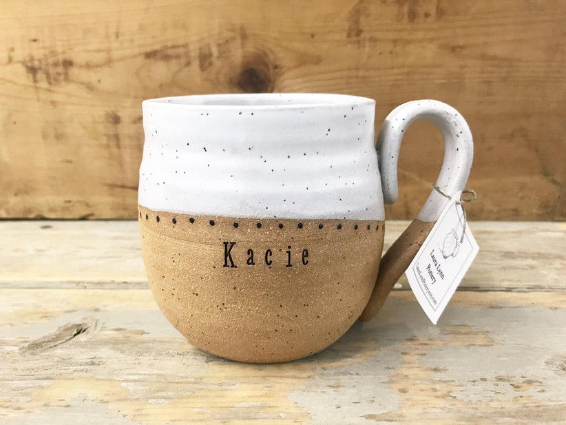Handmade dual-tone pottery mug personalized with the name Kacie