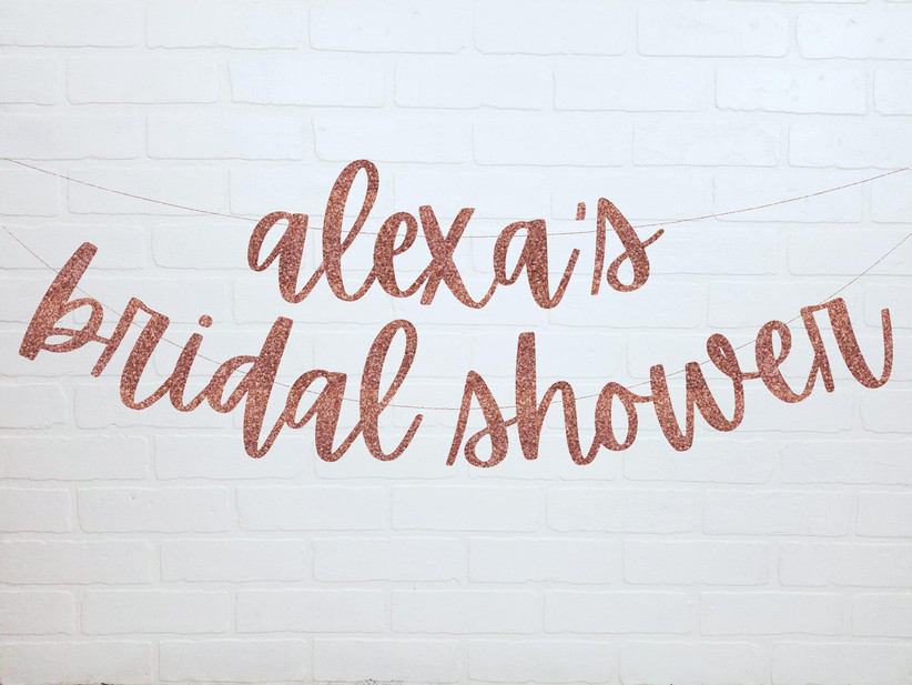 Personalized rose gold bridal shower banner reading Alexa's Bridal Shower