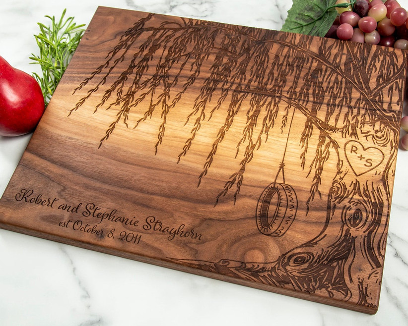 Wooden serving board with engraving of stunning willow tree, couple's names, and a special date