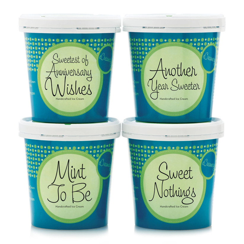Selection of four ice cream tubs with anniversary-themed labels gift for boyfriend