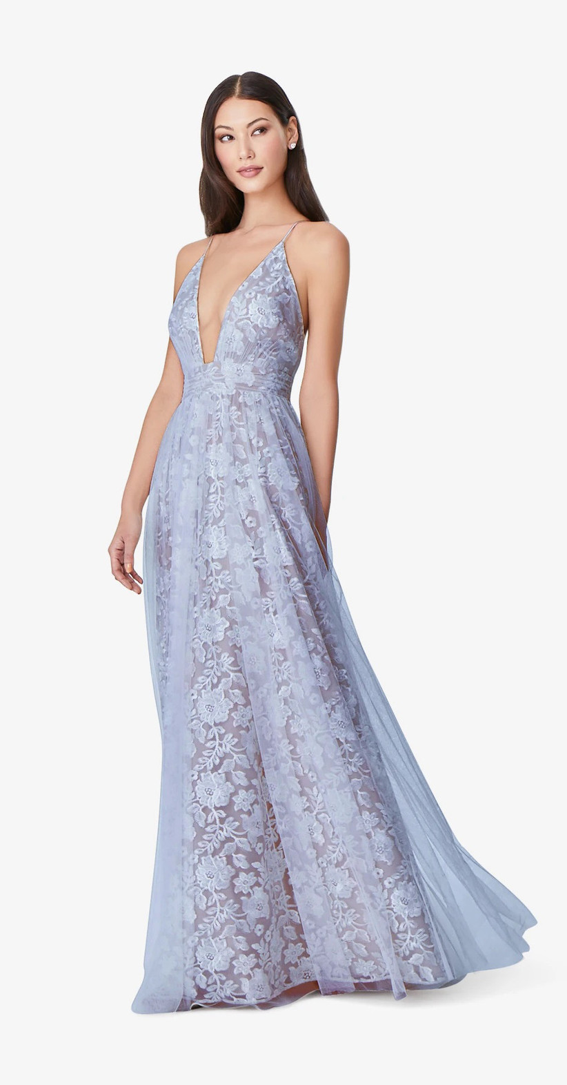Model wearing deep V, floor-sweeping maxi with lacy blue floral print and sheer overlay