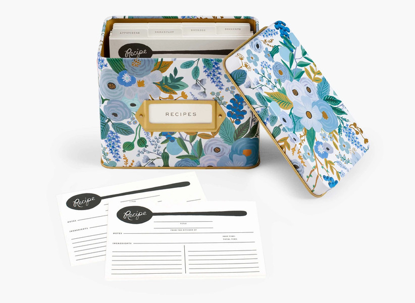 Cute blue floral recipe tin with black and white recipe cards illustrated with a spoon