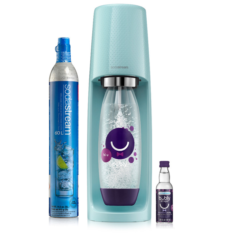 Blue SodaStream water carbonator with blackberry-flavored bubly drops