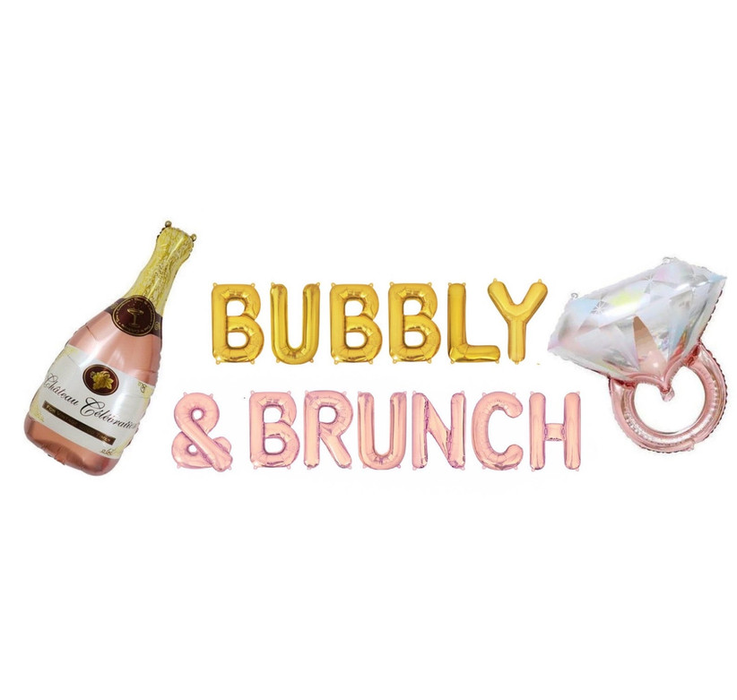 Yellow and rose gold Bubbly & Brunch balloons with champagne bottle and engagement ring balloons