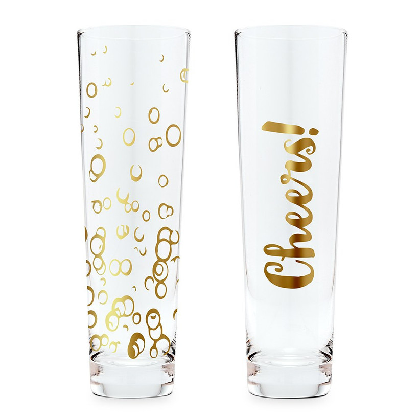 Two stemless champagne flutes with gold bubbles and Cheers designs