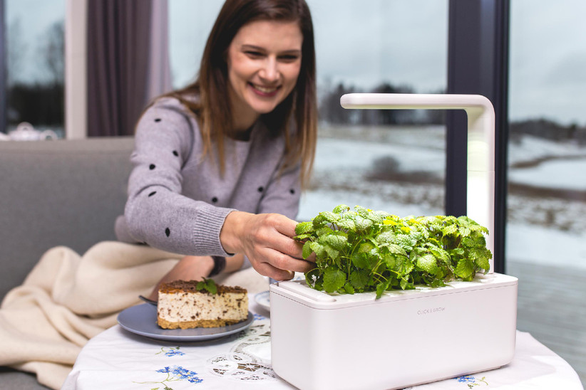 Woman smiling and reaching for herbs from smart garden to garnish her meal